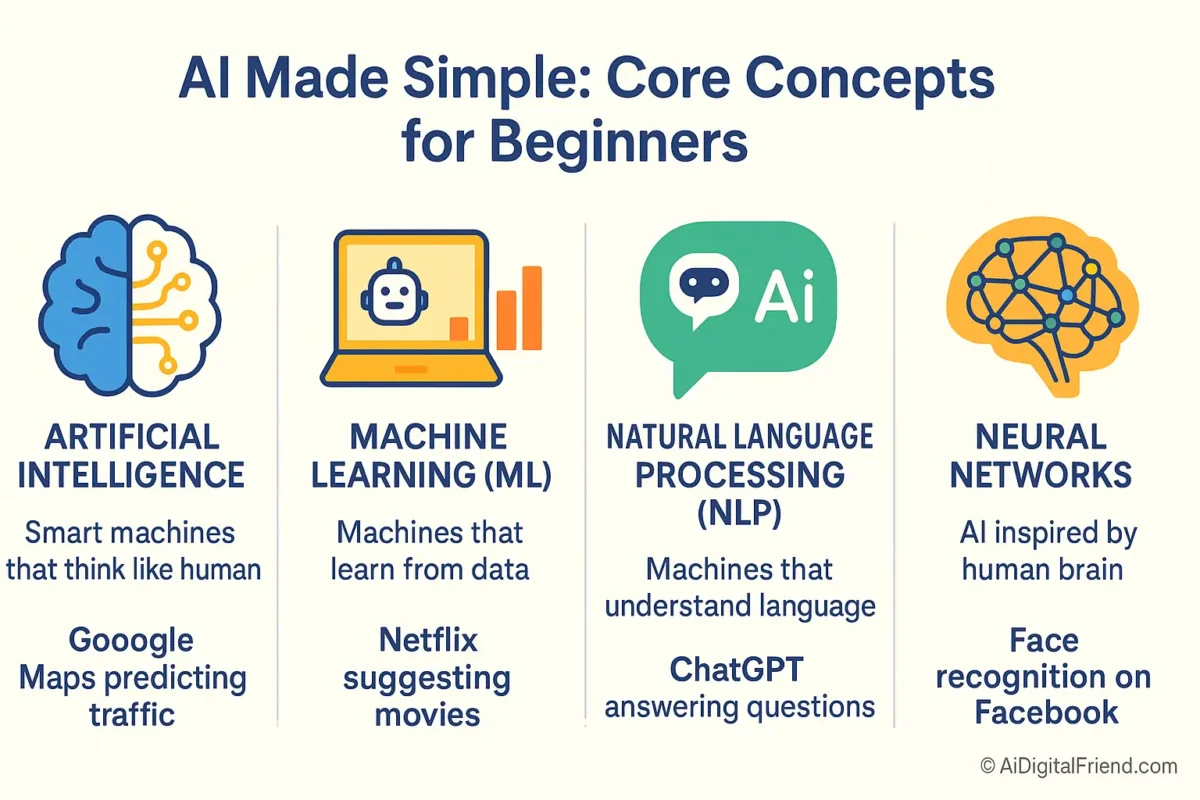 Infographic showing four core AI concepts – Artificial Intelligence, Machine Learning, NLP, and Neural Networks – with icons and real-life examples