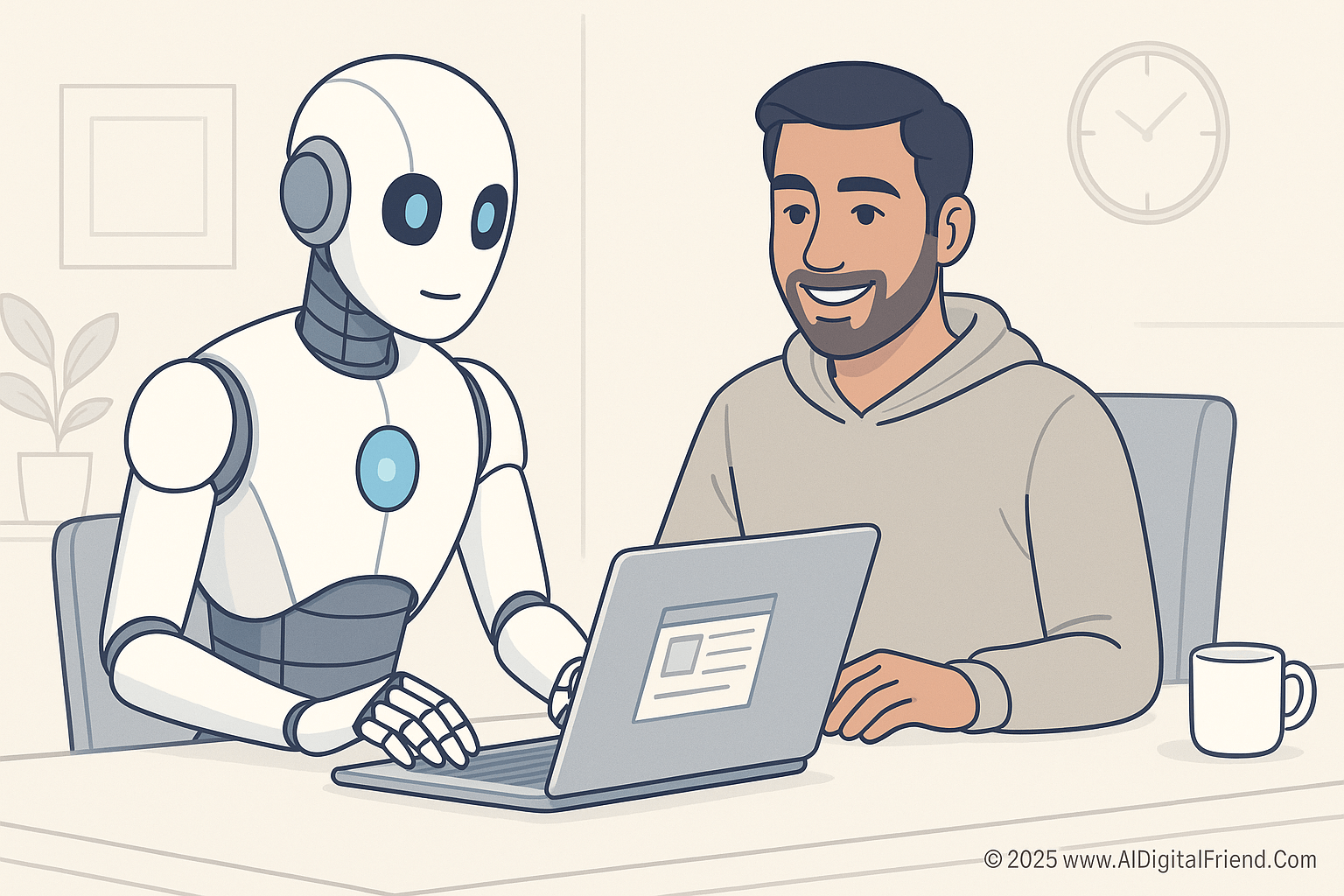 π Ultimate Guide to AI Auto Blogging (2025): Tools, Strategies, and Best Practices Indian blogger and humanoid robot writing together on laptops in a modern office, symbolizing the AI-powered blog writing process.