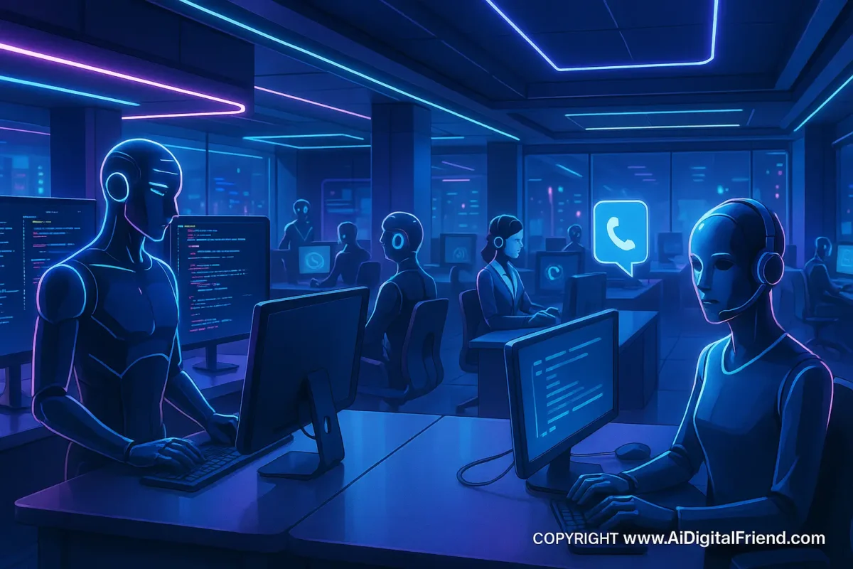 π Ultimate Guide to AI Auto Blogging (2025): Tools, Strategies, and Best Practices Futuristic office with autonomous AI agents working as digital employees in a high-tech environment