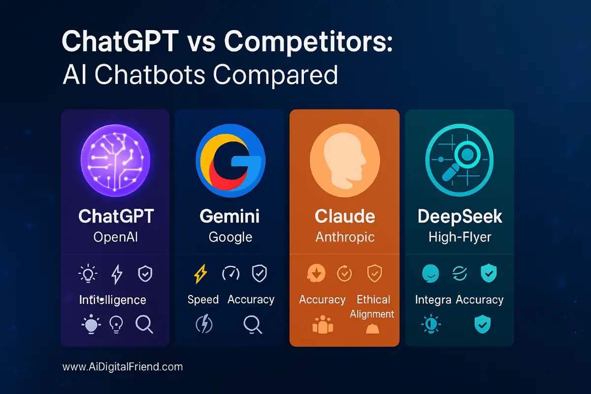 A horizontal infographic comparing ChatGPT (OpenAI), Gemini (Google), Claude (Anthropic), and DeepSeek (High-Flyer) with original logos, highlighting AI intelligence, speed, accuracy, and ethical alignment.