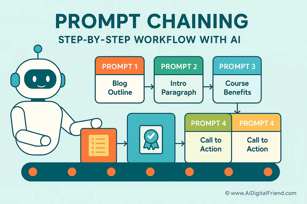 An assembly line infographic showing how prompt chaining breaks down a complex task into smaller steps for better AI output.