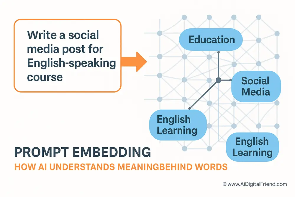 Infographic showing how AI converts a prompt into vector embeddings to find related concepts like education, marketing, and social media.