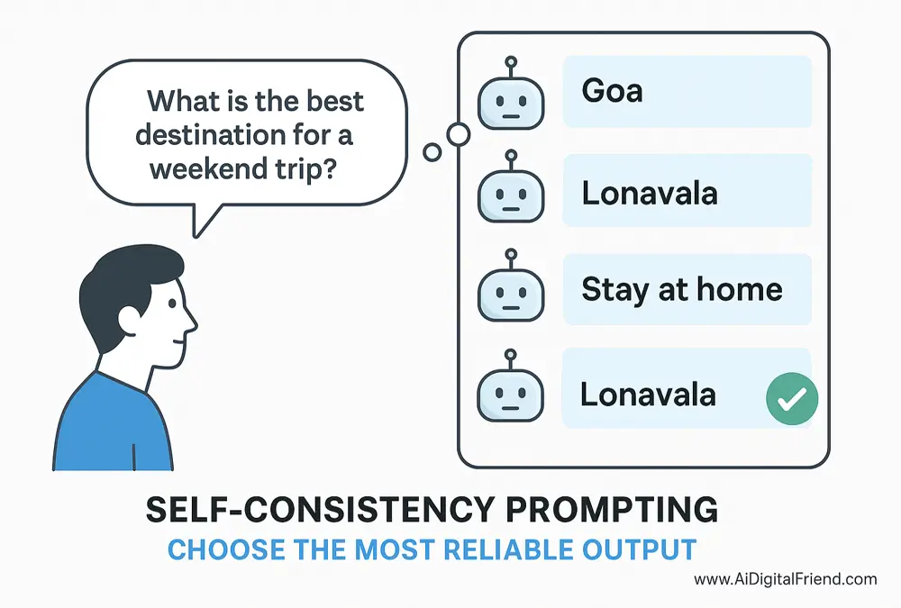 Illustration showing how self-consistency prompting works by comparing multiple AI outputs and choosing the most reliable answer.