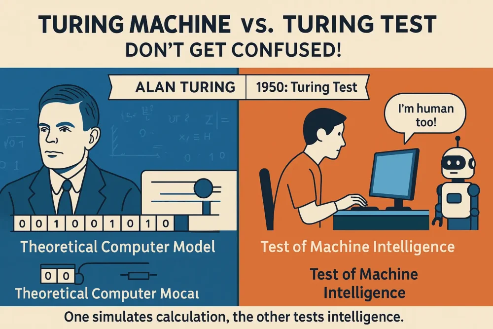 Visual comparison of Turing Machine and Turing Test with key differences and purposes.