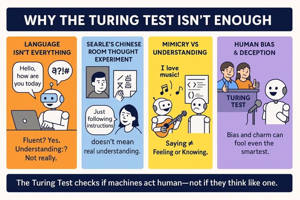 Infographic explaining the limitations of the Turing Test in evaluating true artificial intelligence.