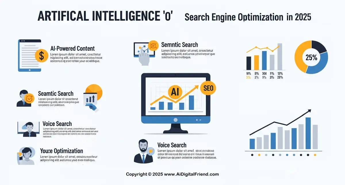 2025 में सर्च इंजन ऑप्टिमाइजेशन (SEO) पर आर्टिफिशियल इंटेलिजेंस (AI) के बढ़ते प्रभाव का एक ग्राफिकल प्रतिनिधित्व, AI ओवरव्यू और सिमेंटिक सर्च को दर्शाता है।